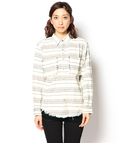 goa（ゴア）の「綿麻ｽﾄﾗｲﾌﾟﾋﾟｸﾞﾒﾝﾄｼｬﾂ（シャツ/ブラウス・レディース・アイボリー/ベージュ・FREE）」の10枚目の写真