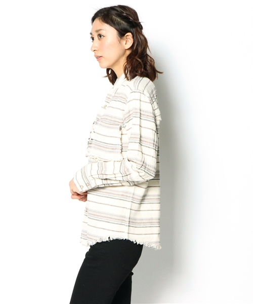 goa（ゴア）の「綿麻ｽﾄﾗｲﾌﾟﾋﾟｸﾞﾒﾝﾄｼｬﾂ（シャツ/ブラウス・レディース・アイボリー/ベージュ・FREE）」の4枚目の写真