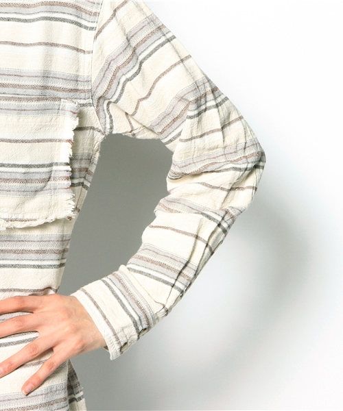 goa（ゴア）の「綿麻ｽﾄﾗｲﾌﾟﾋﾟｸﾞﾒﾝﾄｼｬﾂ（シャツ/ブラウス・レディース・アイボリー/ベージュ・FREE）」の7枚目の写真