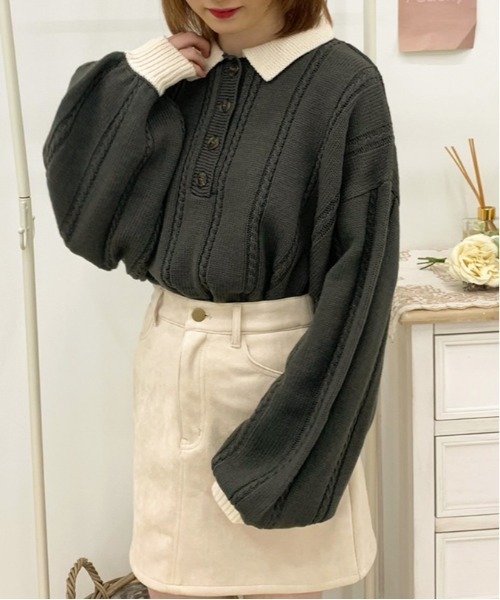 apres jour(アプレジュール)の「細ケーブルポロニット【ZOZOTOWN限定アイテム】(ニット/セーター・レディース・ブラック/アイボリー/その他/モスグリーン/ダークブルー・X-LARGE/フリー)」の2枚目の写真