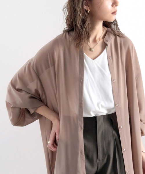 classicalelf(クラシカルエルフ)の「無地ロング丈 バンドカラー シフォンシアーシャツ(長袖)(シャツ/ブラウス・レディース・ホワイト/ライトグレー/モカ・MEDIUM/LARGE/X-LARGE)」の3枚目の写真