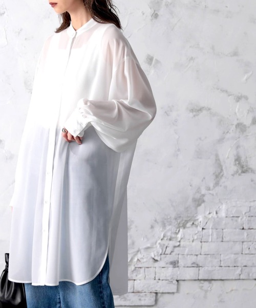 classicalelf(クラシカルエルフ)の「無地ロング丈 バンドカラー シフォンシアーシャツ(長袖)(シャツ/ブラウス・レディース・ホワイト/ライトグレー/モカ・MEDIUM/LARGE/X-LARGE)」の11枚目の写真