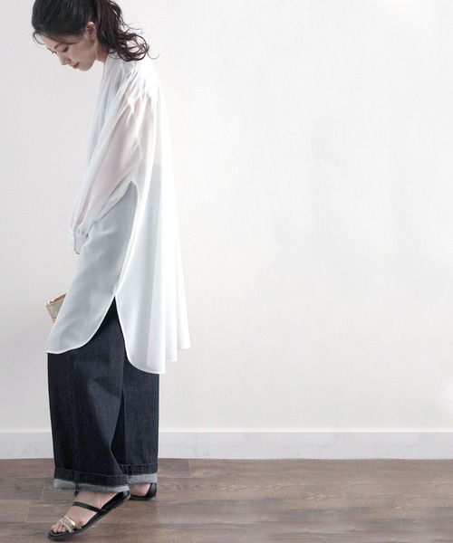 classicalelf(クラシカルエルフ)の「無地ロング丈 バンドカラー シフォンシアーシャツ(長袖)(シャツ/ブラウス・レディース・ホワイト/ライトグレー/モカ・MEDIUM/LARGE/X-LARGE)」の10枚目の写真