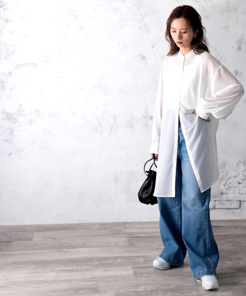 classicalelf(クラシカルエルフ)の「無地ロング丈 バンドカラー シフォンシアーシャツ(長袖)(シャツ/ブラウス・レディース・ホワイト/ライトグレー/モカ・MEDIUM/LARGE/X-LARGE)」の5枚目の写真