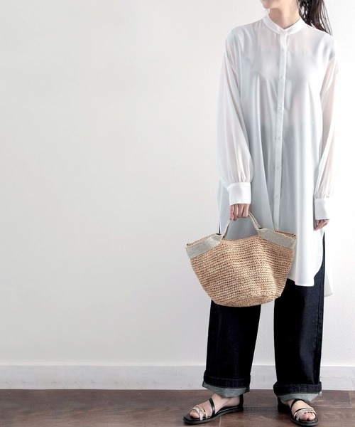 classicalelf(クラシカルエルフ)の「無地ロング丈 バンドカラー シフォンシアーシャツ(長袖)(シャツ/ブラウス・レディース・ホワイト/ライトグレー/モカ・MEDIUM/LARGE/X-LARGE)」の6枚目の写真