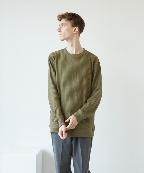 VIBGYOR（ヴィブジョー）の「VIBGYOR　Select／BIGワッフルトレーナー(BL)（スウェット・メンズ・オフホワイト/ブラック/杢グレー/ベージュ/カーキ・MEDIUM/LARGE/X-LARGE）」の5枚目の写真