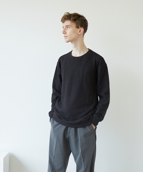 VIBGYOR（ヴィブジョー）の「VIBGYOR　Select／BIGワッフルトレーナー(BL)（スウェット・メンズ・オフホワイト/ブラック/杢グレー/ベージュ/カーキ・MEDIUM/LARGE/X-LARGE）」の3枚目の写真