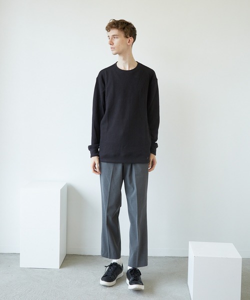 VIBGYOR（ヴィブジョー）の「VIBGYOR　Select／BIGワッフルトレーナー(BL)（スウェット・メンズ・オフホワイト/ブラック/杢グレー/ベージュ/カーキ・MEDIUM/LARGE/X-LARGE）」の12枚目の写真