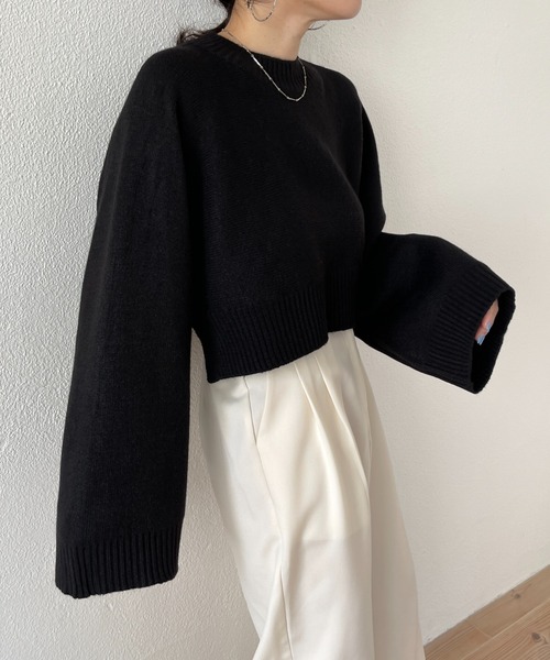 wee9s（ウィークス）の「wide sleeve short knit / ワイドスリーブショートニット（ニット/セーター・レディース・ベージュ/グレー/アイボリー/ブラック/ブルー・FREE）」の14枚目の写真