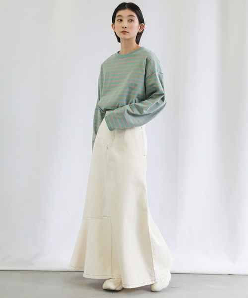 select MOCA（セレクトモカ）の「クルーネックマルチボーダーロングTシャツ（Tシャツ/カットソー・レディース・ピンク/アイボリー/ライム/イエロー/ブルーグリーン・FREE）」の19枚目の写真