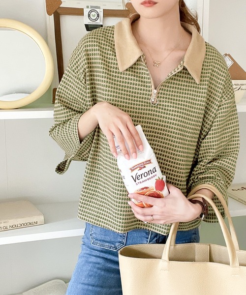 classicalelf(クラシカルエルフ)の「レトロ漂う。衿付きTop’s。ハニカム柄ハーフジッププルオーバー(ポロシャツ・レディース・ブラック/ブルー/ライトブルー/グリーン・MEDIUM/SMALL/X-LARGE/LARGE)」の3枚目の写真