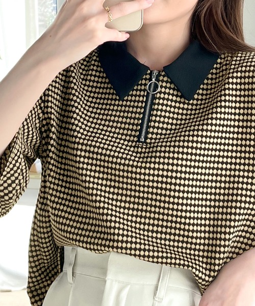 classicalelf(クラシカルエルフ)の「レトロ漂う。衿付きTop’s。ハニカム柄ハーフジッププルオーバー(ポロシャツ・レディース・ブラック/ブルー/ライトブルー/グリーン・MEDIUM/SMALL/X-LARGE/LARGE)」の2枚目の写真