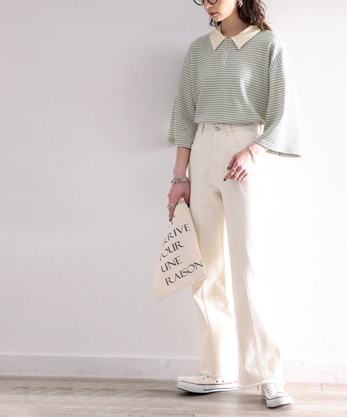 classicalelf(クラシカルエルフ)の「レトロ漂う。衿付きTop’s。ハニカム柄ハーフジッププルオーバー(ポロシャツ・レディース・ブラック/ブルー/ライトブルー/グリーン・MEDIUM/SMALL/X-LARGE/LARGE)」の9枚目の写真