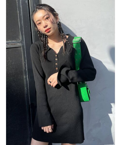 EVRIS(エヴリス)の「シャツミニニットワンピース(ワンピース・レディース・ブラック/オレンジ/アイボリー/パープル・FREE)」の5枚目の写真