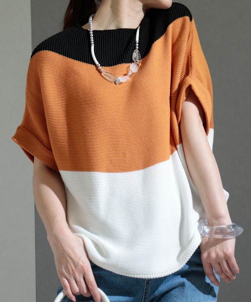 Sawa a la mode（サワアラモード）の「日本製配色ドルマンニットトップス（ニット/セーター・レディース・オレンジ/グリーン/ベージュ・FREE）」の3枚目の写真