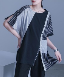 kOhAKU | 『ストライプ柄切替ボタン開きアシメTシャツ』(Tシャツ/カットソー)