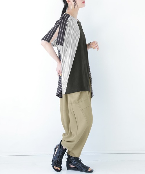 kOhAKU（コハク）の「『ストライプ柄切替ボタン開きアシメTシャツ』（Tシャツ/カットソー・レディース・ブラック・FREE）」の5枚目の写真