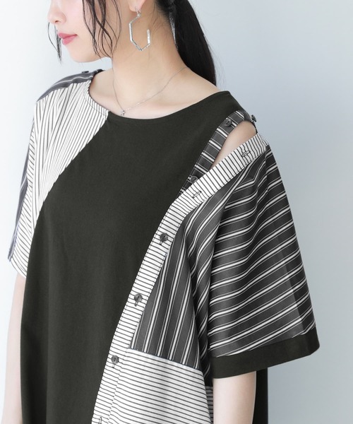 kOhAKU（コハク）の「『ストライプ柄切替ボタン開きアシメTシャツ』（Tシャツ/カットソー・レディース・ブラック・FREE）」の7枚目の写真