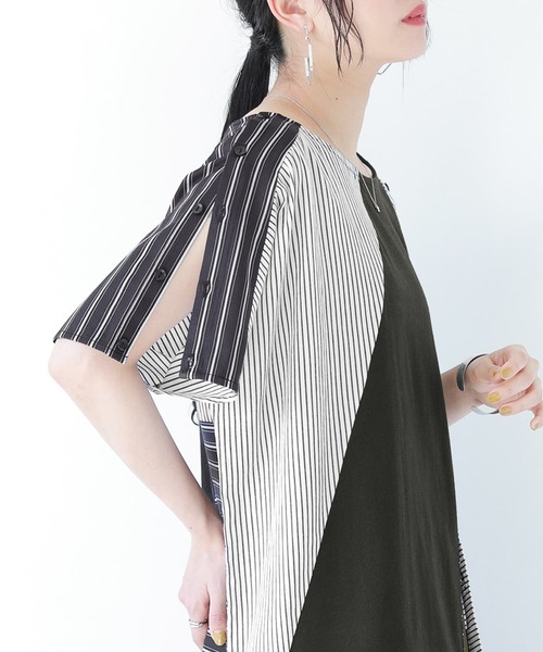 kOhAKU（コハク）の「『ストライプ柄切替ボタン開きアシメTシャツ』（Tシャツ/カットソー・レディース・ブラック・FREE）」の8枚目の写真