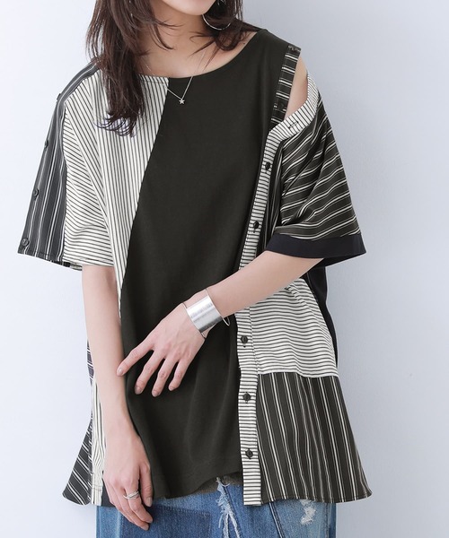 kOhAKU（コハク）の「『ストライプ柄切替ボタン開きアシメTシャツ』（Tシャツ/カットソー・レディース・ブラック・FREE）」の12枚目の写真
