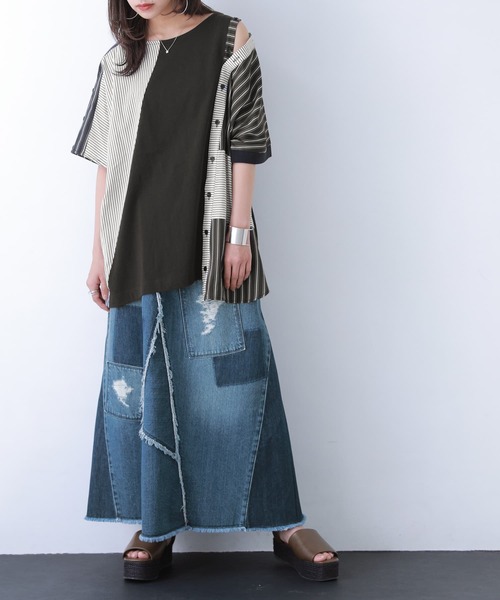 kOhAKU（コハク）の「『ストライプ柄切替ボタン開きアシメTシャツ』（Tシャツ/カットソー・レディース・ブラック・FREE）」の13枚目の写真