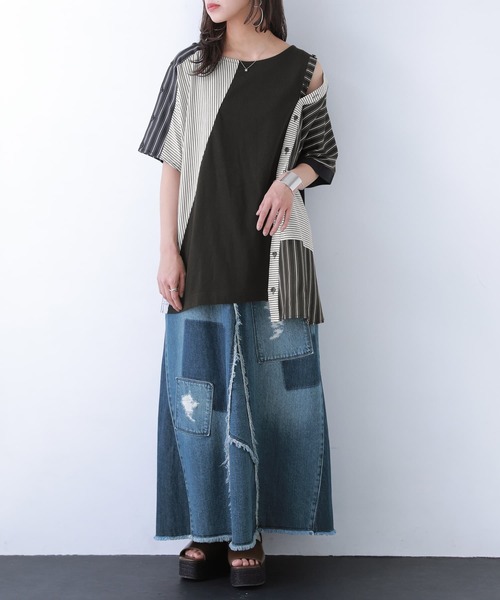 kOhAKU（コハク）の「『ストライプ柄切替ボタン開きアシメTシャツ』（Tシャツ/カットソー・レディース・ブラック・FREE）」の14枚目の写真