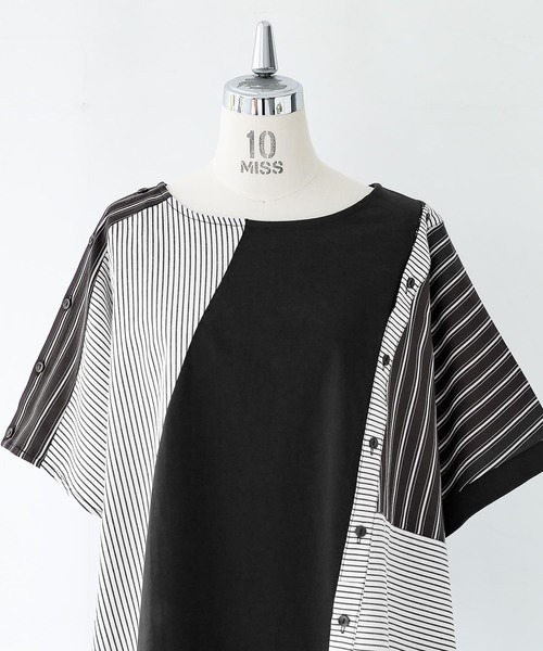 kOhAKU（コハク）の「『ストライプ柄切替ボタン開きアシメTシャツ』（Tシャツ/カットソー・レディース・ブラック・FREE）」の19枚目の写真