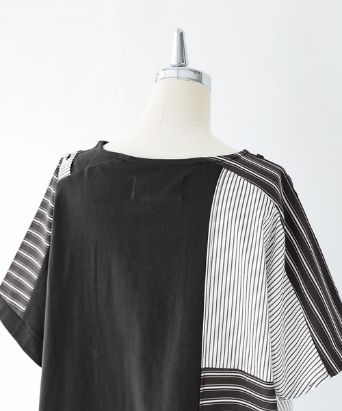 kOhAKU（コハク）の「『ストライプ柄切替ボタン開きアシメTシャツ』（Tシャツ/カットソー・レディース・ブラック・FREE）」の20枚目の写真
