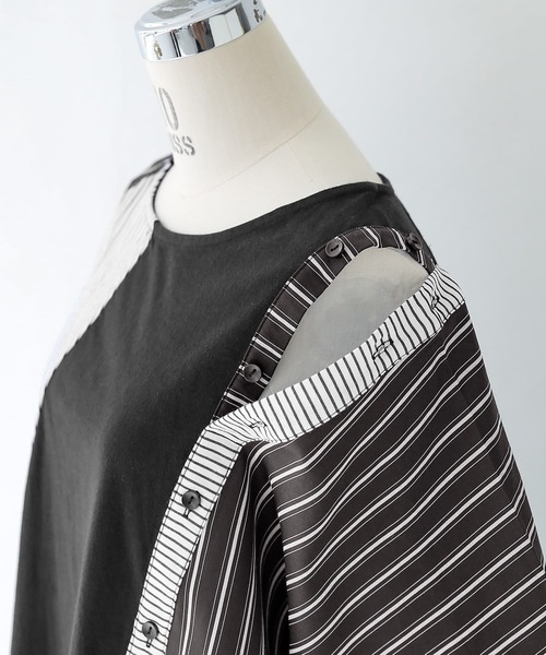 kOhAKU（コハク）の「『ストライプ柄切替ボタン開きアシメTシャツ』（Tシャツ/カットソー・レディース・ブラック・FREE）」の21枚目の写真