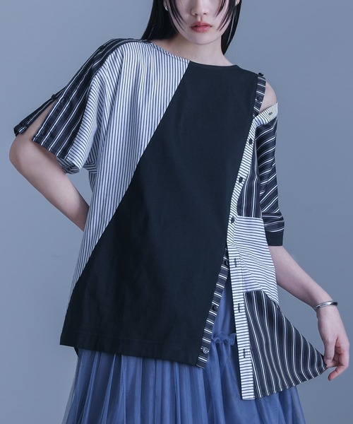 kOhAKU（コハク）の「ストライプ柄切替ボタン開きアシメTシャツ（Tシャツ/カットソー・レディース・ブラック・FREE）」の10枚目の写真