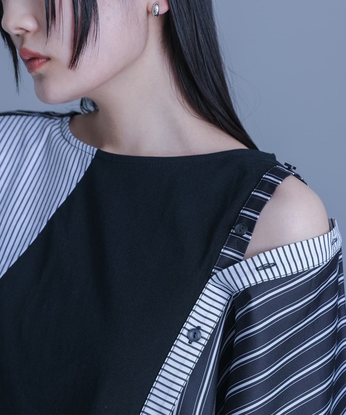 kOhAKU（コハク）の「ストライプ柄切替ボタン開きアシメTシャツ（Tシャツ/カットソー・レディース・ブラック・FREE）」の14枚目の写真