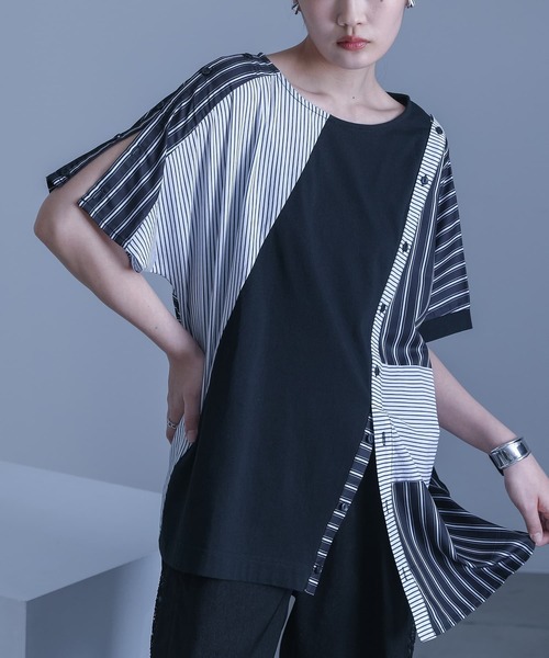 kOhAKU（コハク）の「ストライプ柄切替ボタン開きアシメTシャツ（Tシャツ/カットソー・レディース・ブラック・FREE）」の3枚目の写真