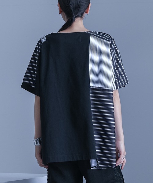 kOhAKU（コハク）の「ストライプ柄切替ボタン開きアシメTシャツ（Tシャツ/カットソー・レディース・ブラック・FREE）」の4枚目の写真
