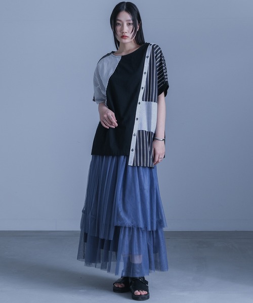 kOhAKU（コハク）の「ストライプ柄切替ボタン開きアシメTシャツ（Tシャツ/カットソー・レディース・ブラック・FREE）」の11枚目の写真