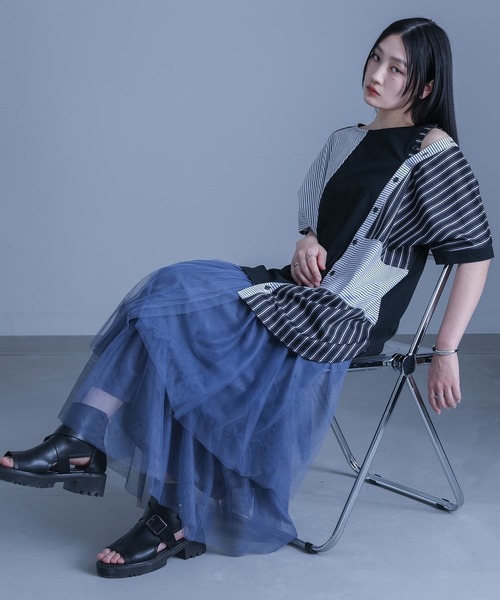 kOhAKU（コハク）の「ストライプ柄切替ボタン開きアシメTシャツ（Tシャツ/カットソー・レディース・ブラック・FREE）」の13枚目の写真