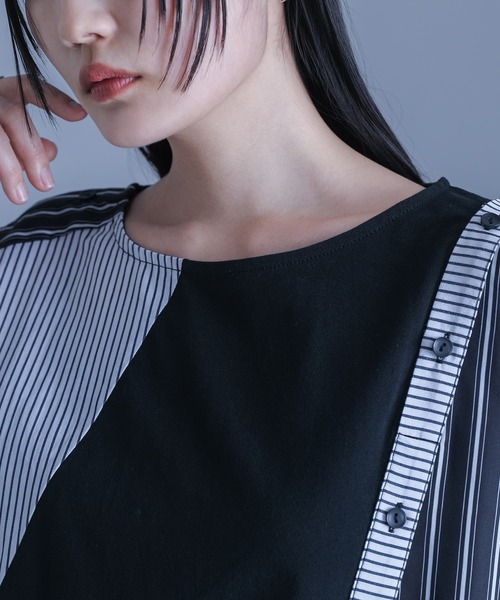 kOhAKU（コハク）の「ストライプ柄切替ボタン開きアシメTシャツ（Tシャツ/カットソー・レディース・ブラック・FREE）」の15枚目の写真