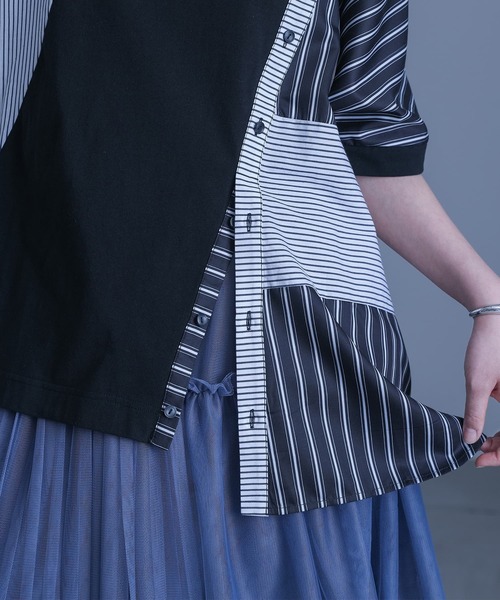 kOhAKU（コハク）の「ストライプ柄切替ボタン開きアシメTシャツ（Tシャツ/カットソー・レディース・ブラック・FREE）」の18枚目の写真
