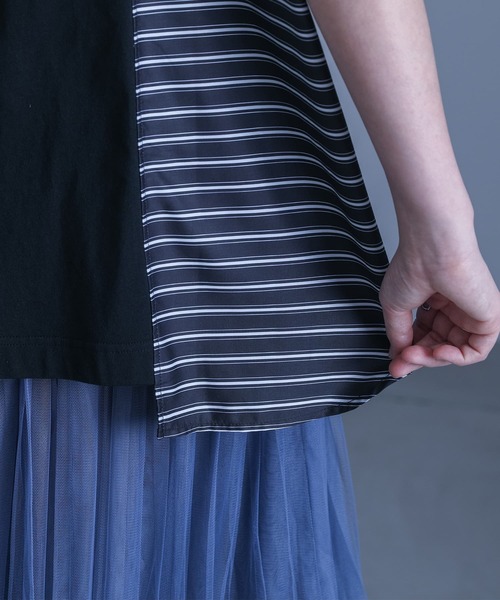 kOhAKU（コハク）の「ストライプ柄切替ボタン開きアシメTシャツ（Tシャツ/カットソー・レディース・ブラック・FREE）」の20枚目の写真