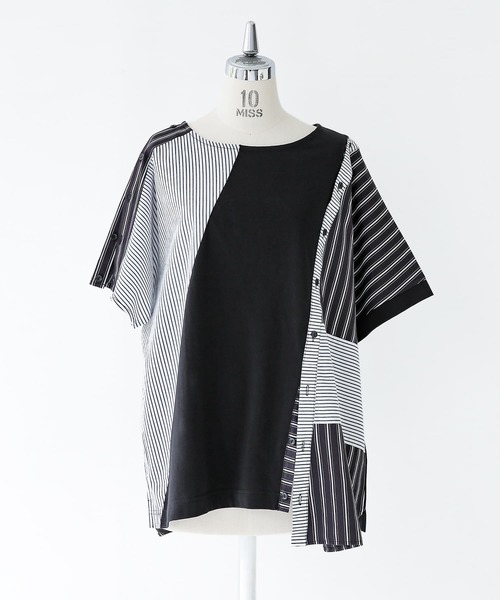 kOhAKU（コハク）の「ストライプ柄切替ボタン開きアシメTシャツ（Tシャツ/カットソー・レディース・ブラック・FREE）」の22枚目の写真