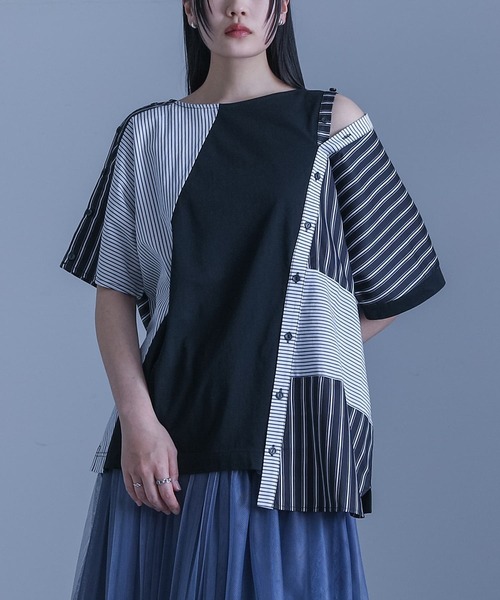 kOhAKU（コハク）の「ストライプ柄切替ボタン開きアシメTシャツ（Tシャツ/カットソー・レディース・ブラック・FREE）」の8枚目の写真