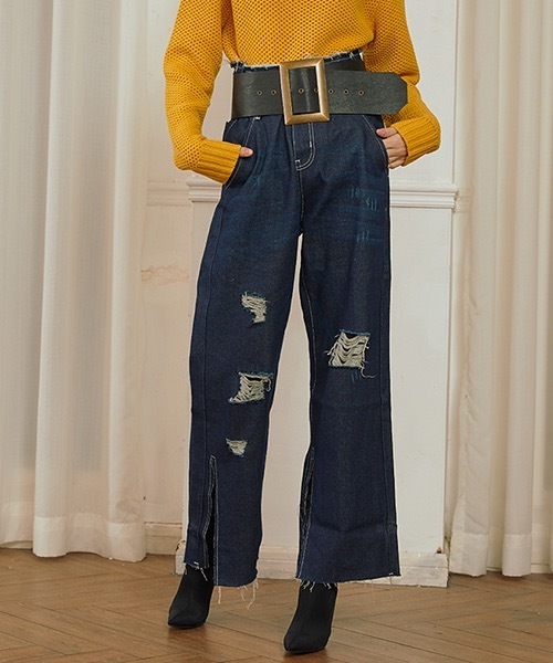 MIXSEVEN(ミックスセブン)の「ハイウエストダメージデニムパンツ MX22SS47 【MIX SEVEN】【2022SS】(デニムパンツ・レディース・インディゴブルー・L/S/M)」の2枚目の写真