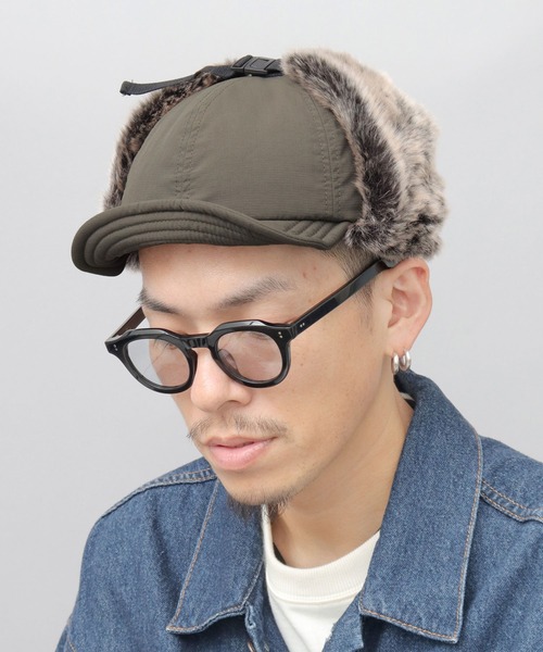 Basiquenti(ベーシックエンティ)の「リップストップナイロン フェイクファー ショートブリム フライトキャップ(キャップ・メンズ・ブラック/ネイビー/カーキ・FREE)」の4枚目の写真