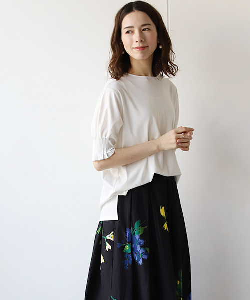 REAL CUBE（リアルキューブ）の「接触冷感タックスリーブシルケットトップス（Tシャツ/カットソー・レディース・ブラック/オフホワイト・FREE）」の9枚目の写真