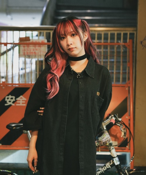 DEVICE（デバイス）の「オーバーサイズ ワンポイント ビッグシルエット 半袖 ウォッシュ デニムシャツ ジャケット（デニムジャケット・メンズ・ブラック/ブルー・FREE）」の21枚目の写真