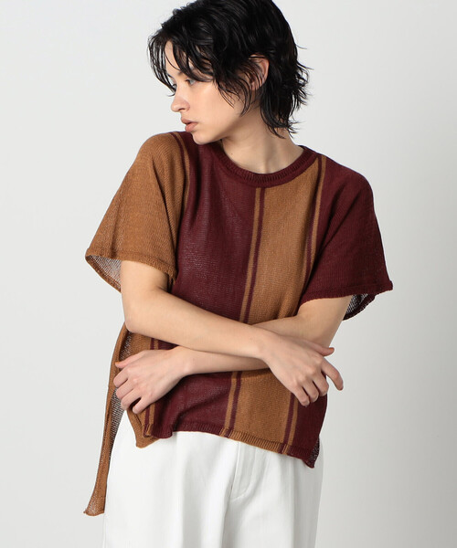 セール】ストライプ ホールガーメント 和紙 ニットTシャツ