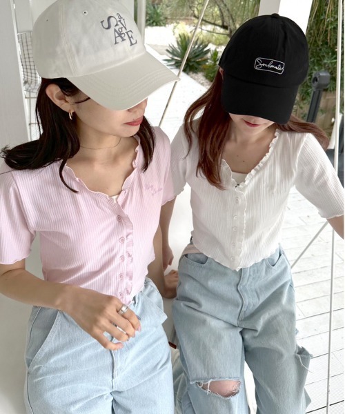OLIVE des OLIVE（オリーブデオリーブ）の「メロウフリルVカーディガン　1031060440（Tシャツ/カットソー・レディース・ピンク/オフホワイト/ブラック・FREE）」の4枚目の写真