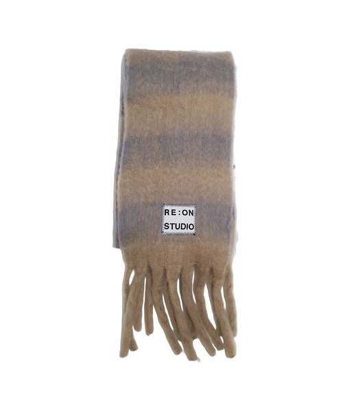 REON STUDIO（レオンスタジオ）の「韓国ブランド RE:ON STUDIO レオンスタジオ FRINGE STRIPE MUFFLER ボーダー ボリュームマフラー フリンジマフラー マフラー 防寒グッズ 韓国ファッション（マフラー・メンズ・パープル/ベージュ/ブラック/アイボリー・ONE SIZE）」の6枚目の写真