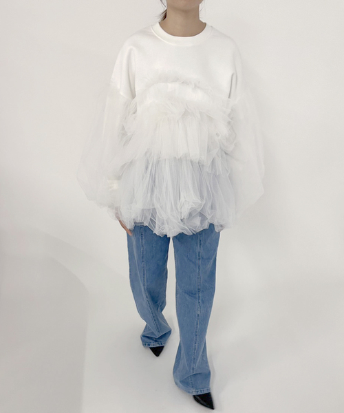 EDIT. FOR LULU(エディットフォールル)の「【VIVIANO / ヴィヴィアーノ】別注Gathered Tulle Trimmed スウェット(スウェット・レディース・ホワイト・SMALL)」の1枚目の写真