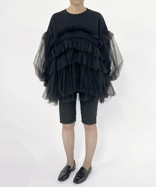 EDIT. FOR LULU(エディットフォールル)の「【VIVIANO / ヴィヴィアーノ】別注Gathered Tulle Trimmed スウェット(スウェット・レディース・ホワイト・SMALL)」の2枚目の写真