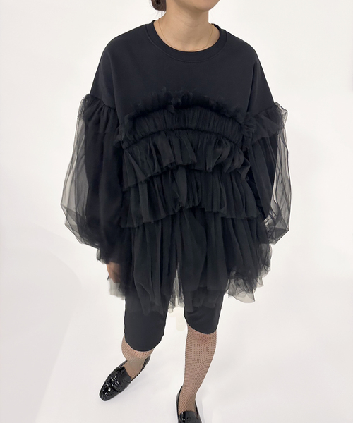 EDIT. FOR LULU(エディットフォールル)の「【VIVIANO / ヴィヴィアーノ】別注Gathered Tulle Trimmed スウェット(スウェット・レディース・ホワイト・SMALL)」の3枚目の写真